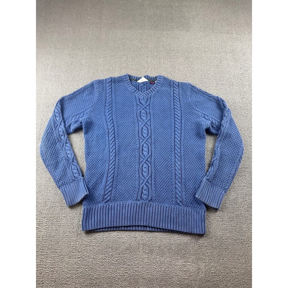 Hudson North Sweater Men S Blue Cable Knit Solid Cotton V-Neck Preppy Nautical